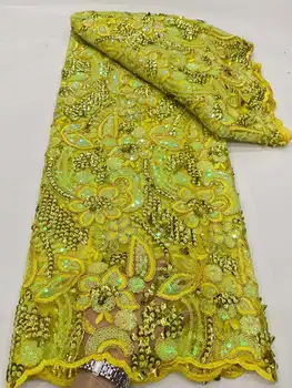 Deluxe Edition Африканская кружевная ткань 2023 Новейшая желтая индийская ткань сари Высококачественное свадебное платье из тюля 3D с пайетками