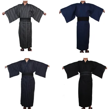 Японское традиционное самурайское кимоно для мужчин Юката Купальный халат Hekoobi Свободный стиль Сауна Одежда Домашняя одежда Пояс Длинное платье Хлопок
