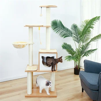 Бесплатная доставка 5-уровневая платформа Cat Tree для кошек с полностью когтеточкой Гамак Мягкий насест и висячий мяч