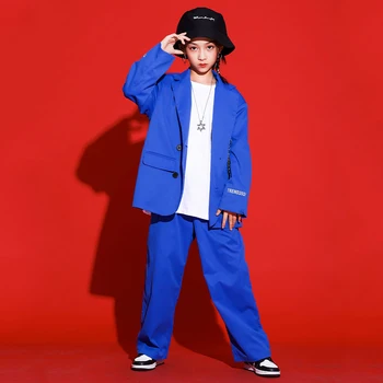 Свободный наряд танцора Детская синяя одежда для уличных танцев Хип-хоп танцевальная одежда Фестивальная одежда Рейв-наряд K-pop Сценический костюм DL8958