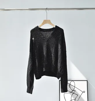 Naizaiga лен с длинным рукавом V-образным вырезом с длинным рукавом Свободные пуловеры без рукавов с о-образным вырезом пайетки черные женские пуловеры PRFS378