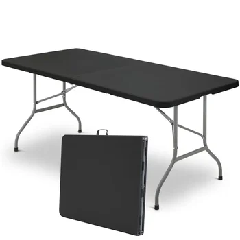6 футов Пластиковый складной стол Портативный складной пополам для крытого наружного, черного наружного кемпингового снаряжения