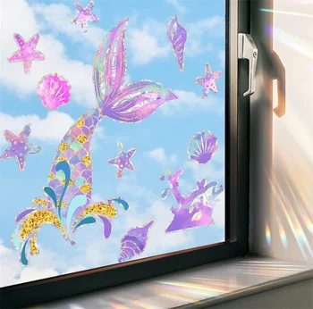 мультфильм подводные животные ловец солнца наклейка на окно наклейка радужная призма стеклянный декор окна наклейки на стену украшение дома фреска