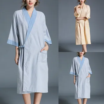 Женские хлопковые халаты Кимоно Легкие полосатые пижамы с коротким рукавом Женские карманные кардиганы с V-образным вырезом Халат Свободный крой Пижама