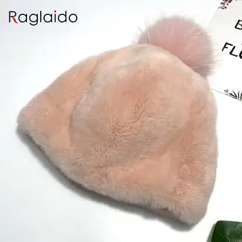 Роскошная зимняя шапка Натуральный мех кролика Лиса Помпон Шапка Полная шкура Большой размер Регулируемая кепка