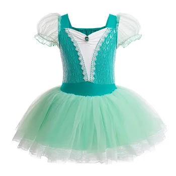 Короткие рукава Маленькие девочки Балет Танцевальный Костюм Зеленый Фея Юбка Балетная пачка Платье Купальник