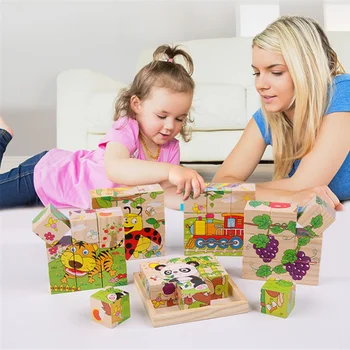 Детские игрушки из деревянных блоков Игры Пазлы Животные Фрукты Трафик Cognize Раннее обучение Развивающие игрушки Дети Шестисторонняя 3D кубическая игра