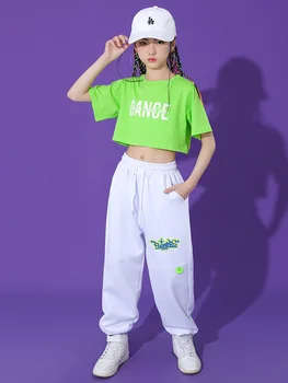 2023 Костюм для девочек Джазовый танец Зеленый укороченный топ Белые брюки Тренировочная одежда Дети Хип-хоп Танцевальный костюм Kpop Костюм для выступлений BL10708