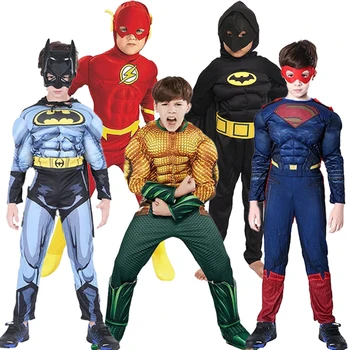 Супергерой Бэтмен Супермен Аквамен Флэш Косплей Костюм Мускулистый Боди Комбинезон для детей Хэллоуин Вечеринка