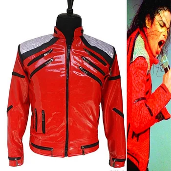 MJ Майкл Джексон Красный Beat It Молния Пайетки Кожаная куртка Повседневная танцевальная коллекция шоу Хэллоуин