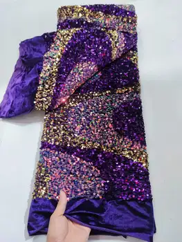 Оптовая торговля Французский бархат Фиолетовое золото 3D Пайетки Кружева Ткань 2023 Высокое качество Нигерийский африканский тюль Кружевная ткань Платье для вечеринки
