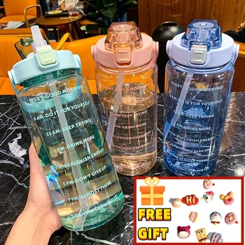  2 литра Уличные спортивные бутылки для питья с маркером времени Бутылка для воды с соломинкой Уличная чашка большой емкости Фитнес-бутылка для воды
