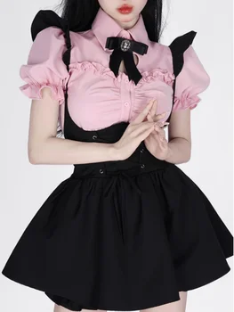 летний розовый сладкий кавайный набор из 2 предметов женский черный корейский стиль юбка костюм женский 2023 элегантный симпатичный блузка подтяжки мини-платье