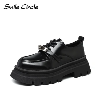 Smile Circle Натуральная кожа Коренастые женские туфли на платформе Мода Шнуровка Толстый низ Обувь Круглый носок Повседневная женская обувь
