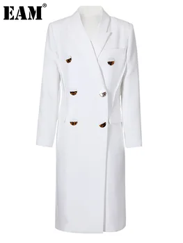 [EAM] Женщины Белый двубортный большой размер Длинный блейзер Новый лацкан с длинным рукавом Свободная куртка Мода Весна Осень 2024 1DE9367