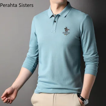  Высокое качество 2023 Новые дизайнерские мужские рубашки-поло Роскошные 100% хлопок с длинным рукавом Однотонная вышивка Повседневные топы Мужская одежда