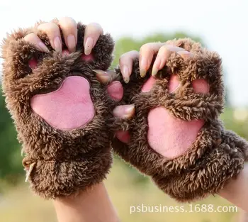 Перчатки с кошачьим когтем Зимние милые мультяшные кошки девочки перчатки с открытыми пальцами утолщенная пушистая медвежья лапа Перчатки на половину пальца