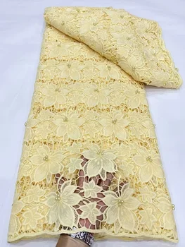 Cord Guipure Lace Fabric 2022 Высококачественное французское водорастворимое свадебное платье из бисера 5 ярдов Синий африканский швейный материал