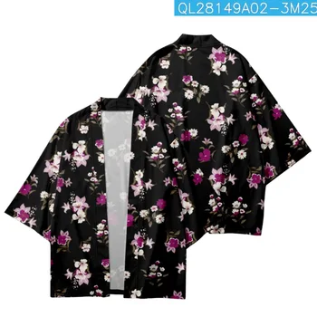 Лето Японский Свободный Харадзюку Цветок Принт Черное Кимоно Кардиган Укороченные Брюки Женщины Мужчины Косплей Юката