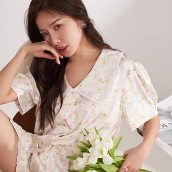 CRLAYDK 2023 Летний цветочный пижамный комплект для женщин С коротким рукавом Атласный шелк на пуговицах Пижамы Bride Soft Pjs Домашняя одежда