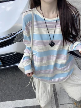 Средняя длина Контрастный цвет Полосатые Camisetas Harajuku Женщины Y2k O Шея Уличная одежда Корейский повседневный сладкий футболки Топы Свободные футболки