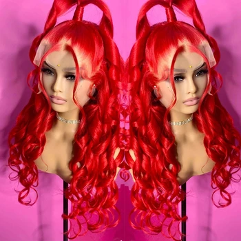 длинный 26 дюймов ярко-красный цвет волны тела цветные синтетические волосы кружева спереди парики для женщин прозрачный кружевной парик из волокна без клея