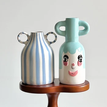  Забавная бинауральная керамическая ваза с ручной росписью Симпатичное декоративное украшение дома