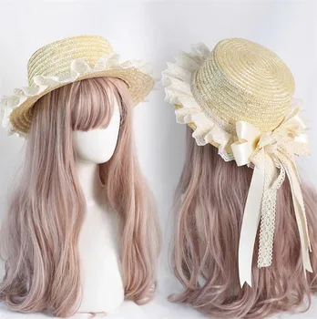 Mori Girl Летние соломенные шляпы для женщин Пляжная шляпа от солнца Лолита Kawaii Princess Кружевная отделка Бант Соломенная шляпа B2426