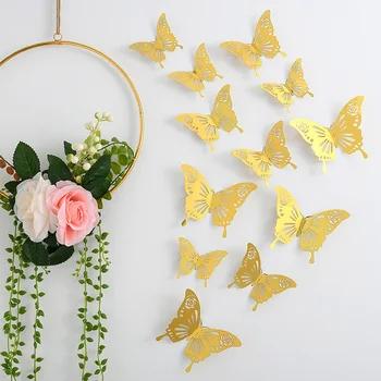 12 шт. 3D полые наклейки на стену с бабочкой Розовое золото Бабочка Декоративная наклейка для дома Гостиная Спальня Стена Свадебный декор