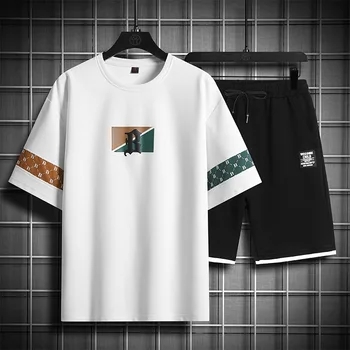 2023 Летние мужские повседневные комплекты Быстросохнущие футболки + брюки Спортивная одежда на открытом воздухе Джоггер Принт Harajuku Running Tech Hombre
