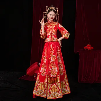 2020 Новая свадьба Женская Невеста Китайский Стиль Красный Плиссированный Сюхэ Одежда Женское Платье На открытом воздухе Тост