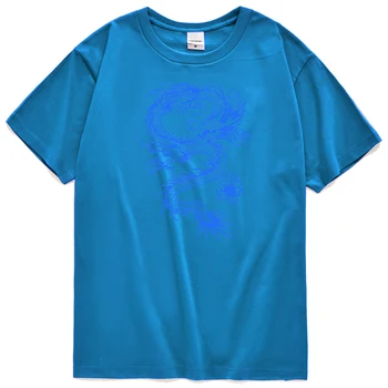 Синий дракон Татуировка Наклейки Забавный принт Мужская футболка Корейская футболка с вырезом Креативность Дышащие топы Fit Модные мужские футболки