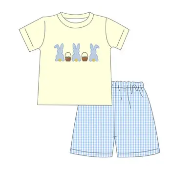 Оптовая торговля Одежда для мальчиков Малыш Пасха Наряд Кролик Плед Принт Симпатичный желтый набор из 2 предметов