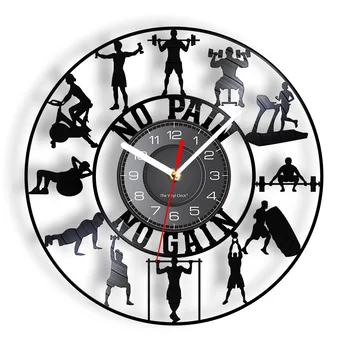 Бодибилдинг Гиря GYM Знак Настенные часы Тяжелая штанга Тренировка Виниловая пластинка Настенные часы Упражнение Вдохновляющие настенные часы Подарок
