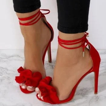 сексуальные красные оборки сандалии на высоких каблуках лодыжки с обертыванием на вырез платье туфли тонкие каблуки гладиатор каблуки вечеринка платье обувь по индивидуальному заказу