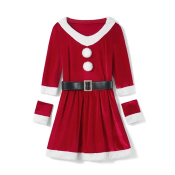 Рождественский костюм миссис Клаус Наряд для женщин Плюшевая отделка Пэчворк с длинным рукавом A-Line Hood Платье с перчатками и ремнем
