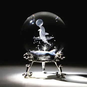 3D Гравированный хрустальный шар с подставкой Черепаха Кит Океанское животное Дельфин Морской конек Пресс-папье Стеклянная сфера Декоративные шары