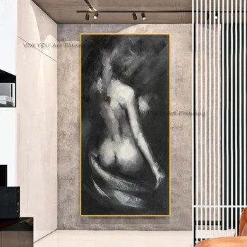 100% ручной работы большой черный, белый, серый, голая стена, искусство, сексуальная девушка, женщина, современная абстрактная обнаженная картина маслом на холсте