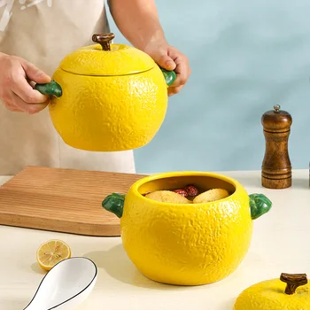 2022 Новый креативный горшок для апельсинового супа с двумя ушами Керамическая суповая миска большой емкости с крышкой Бытовая симпатичная форма Большие миски для лапши
