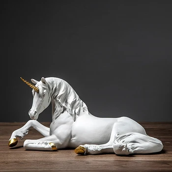 Nordic Resin Белый Единорог Лошадь Скульптура Современное искусство Статуэтки Домашний декор Гостиная Фея Украшение сада Детский подарок