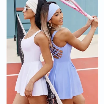 Женское теннисное платье Цельные слитные Slim Fit Мягкие спортивные комплекты Гольф Бадминтон Skorts Back Cross Спортивные костюмы с нагрудниками Костюмы для йоги