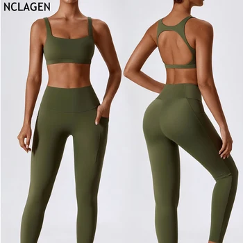 NCLAGEN Быстросохнущий костюм для йоги Фитнес-карман Обтягивающий комплект Бюстгальтер и леггинсы Дышащие тренировочные брюки Спортивная одежда для женщин