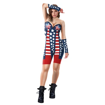 Женщины День Независимости Женщины День Независимости 3D-печатный Американский Флаг Полоска Клетчатая Сшивание Боди 4 июля Патриотические комбинезоны Спортивный костюм Zentai