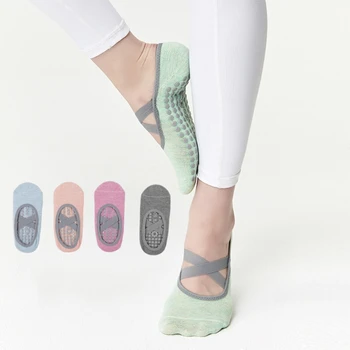 Женские носки для йоги Нескользящие липкие носки Grip Силиконовая точка крест-накрест ремешок Однотонные чулочно-носочные изделия для пилатеса Балет Танец