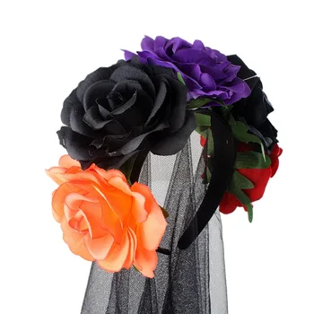 Новый Хэллоуин Вечеринка Симулятор Ткань Цветок Кружева Вуаль Черная Роза Цветы Череп Повязка на голову
