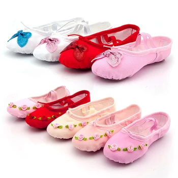 Атласные балетные туфли для девочек Мягкая дна Танец Роза Цветок Детский сад Танцевальная обувь Zapatillas De Ballet