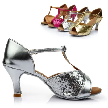 Женская блестящая красная золотая серебристо-коричневая латинская танцевальная обувь высота каблука 5 см / 7 см латиноамериканская танцевальная обувь оптом