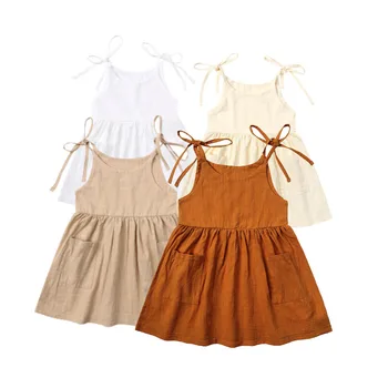 Одежда для девочек Вечернее платье 0-5 лет Ребенок Лето Сплошной цвет Универсальные повседневные платья на шнуровке Корейская мода Детская одежда