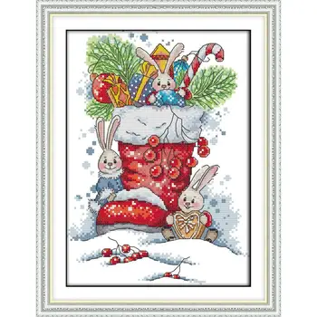 Кролик в рождественских сапогах Набор для вышивки крестом DMC Набор для вышивки крестом на холсте DIY Рождественский подарок Украшение для дома