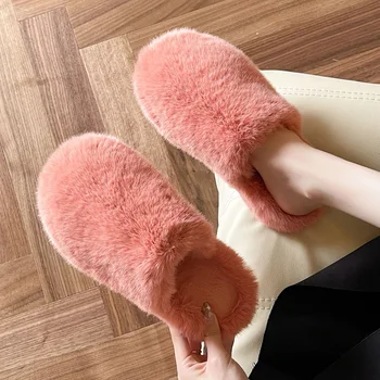 Candy Color Розовые меховые тапочки женские прикрытие носок 2/4 см платформа зимняя хлопковая обувь пушистые пантуфла дамы уютная плюшевая домашняя обувь